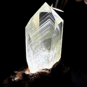 May include: A large, clear quartz crystal with a pointed top, resting on a piece of dark wood. The crystal has internal lines and a slightly yellow hue, illuminated against a black background.