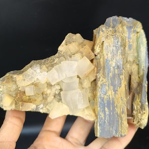 Beautiful Dark Blue Raw Stibnite Crystals from Lengshuijang, Hunan Province, China, Raw Minerals Specimen, Stibnite with Fluorite Cube