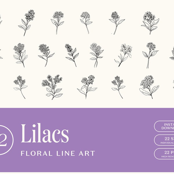 Lilac Floral Line Art, Flower Line Art, SVG, PNG, Wedding Flowers, Hand Drawn Style, Clip Art, Instant Download