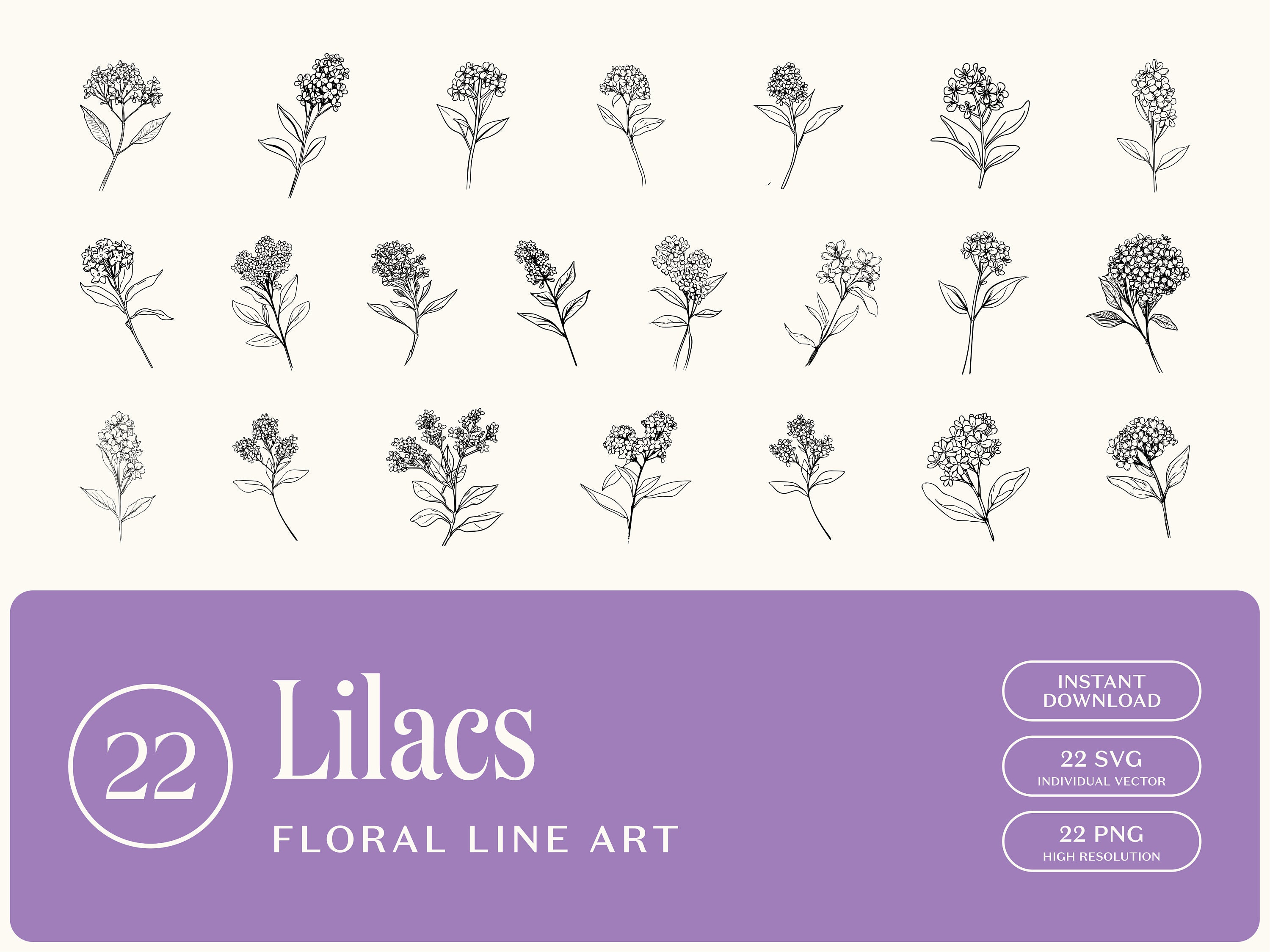 Lilac Floral Line Art, Flower Line Art, SVG, PNG, Wedding Flowers, Hand