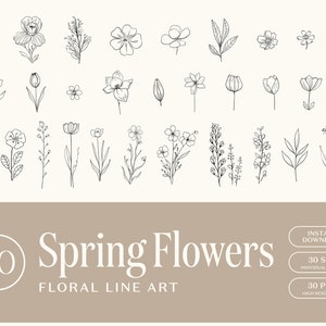 Spring Flowers Floral Line Art, Flower Line Art, SVG, PNG, Wedding Flowers, Hand Drawn Style, Clip Art, Instant Download