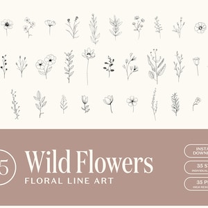 Wild Flowers Floral Line Art, Flower Line Art, SVG, PNG, Wedding Flowers, Hand Drawn Style, Clip Art, Instant Download