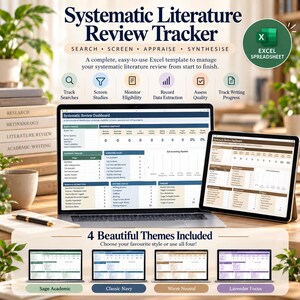 May include: A Systematic Literature Review Tracker Excel spreadsheet template displayed on a laptop and tablet. The interface features a dashboard with progress snapshots, screening pipelines, and timelines. Four colour themes are included: Sage Academic, Classic Navy, Warm Neutral, and Lavender Focus.