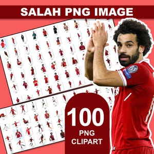 May include: A red and white image featuring a soccer player and 100 PNG clipart images. The text "SALAH PNG IMAGE" is at the top, and "100 PNG CLIPART" is in a red circle. The soccer player is wearing a red jersey.