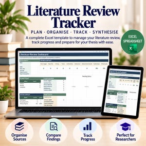 May include: A digital Literature Review Tracker Excel template displayed on a laptop and tablet screen. The interface features a dashboard with sections for review profile, progress snapshot, reading pipeline, synthesis readiness, and writing summary.