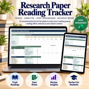 May include: A digital Research Paper Reading Tracker Excel spreadsheet displayed on a laptop and tablet screen. The dashboard features sections for reading profile, progress snapshot, reading pipeline, reading effort, target status, and citation readiness.