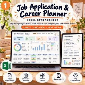 Könnte beinhalten: Eine Excel-Tabelle zur Planung von Bewerbungen und Karriere, angezeigt auf einem Laptop und einem Tablet. Die Benutzeroberfläche enthält ein Dashboard mit Diagrammen, Bewerbungsstatus, Interviewplänen und Karrierezielen zur Nachverfolgung.