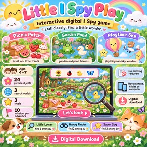 Op de afbeelding: Interactief digitaal spel Little I Spy Play met drie zoekwerelden: Picnic Patch, Garden Pond en Playtime Sky. Het scherm toont een kleurrijk landschap met een vergrootglas, 24 zoekobjecten en 3 niveaus. Digitale download, printen niet nodig, speelbaar op telefoon, tablet of computer.