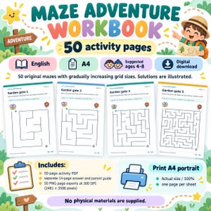 Maze Adventure Workbook: 50 A4 Printable Mazes with Illustrated Solutions