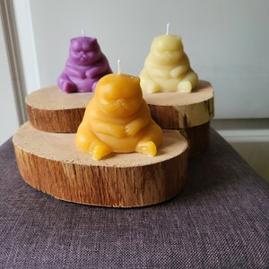 May include: Three hand-poured candles shaped like a cat sitting in a relaxed pose. The candles are on wooden slices and are in shades of purple, yellow, and light yellow.
