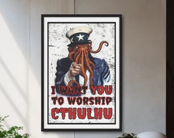 Lovecraft Poster, Cthulhu Uncle Sam Art Print, Cosmic Horror Wall Art, Eldritch Occult Decor