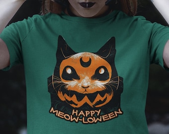 Halloween Cat Shirt, Happy Meow-loween Pun Tee, Vintage Pumpkin Cat T-Shirt for Women