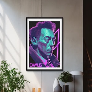 May include: A black and white poster with a portrait of Albert Camus in a neon pink and blue color scheme. The poster has the word "CAMUS" printed at the bottom.