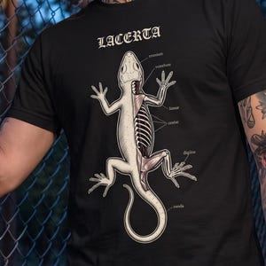 Peut inclure: Un t-shirt noir à manches courtes présentant un schéma anatomique blanc d'un lézard étiqueté LACERTA. Le graphique affiche la structure squelettique et l'anatomie interne du reptile avec des lignes fines pointant vers des parties du corps.