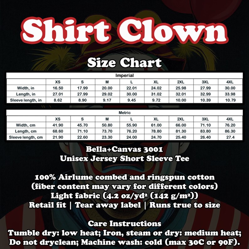 Op de afbeelding: Maattabel voor een Bella+Canvas 3001 unisex jersey t-shirt met korte mouwen. De tabel toont de afmetingen in inches en centimeters voor maten XS tot 4XL. De stof is 100% Airlume gekamd en ringgesponnen katoen, lichtgewicht en heeft een retail pasvorm. Wasvoorschriften: drogen in de droger op lage temperatuur, strijken op middelhoge temperatuur en wassen in de machine op koud.