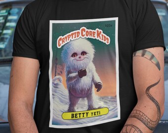 Betty Yeti Trading Card T-Shirt | Abominable Snowman Teeshirt | Cryptid Core Kids Tee Shirt | Gift Cryptozoology | GPK Parody Garbage Pail