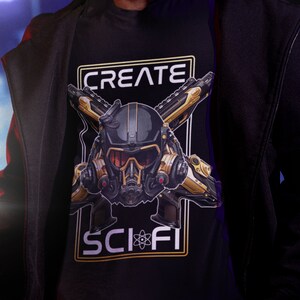 May include: Black t-shirt with a gold and black graphic design. The design features a futuristic helmet with a gas mask, crossed weapons, and the text "CREATE SCI*FI".