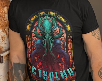 Cthulhu Stained Glass T-Shirt | HP Lovecraft Teeshirt | Cult Monster Tee | Horror Gift