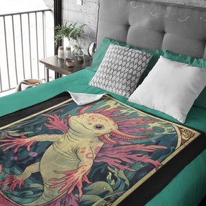 Axolotl Tarot Karte Samt Plüsch Decke | Salamander Decke | Natur Kunst | Amphibiendekor | Wasserdrache Motiv | Baumwollgarn