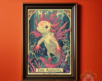 Axolotl Tarot Art Print | Salamander Poster | Nature Tee Wall Art | Amphibian lover Decor| Water dragon design | Cottagecore Style