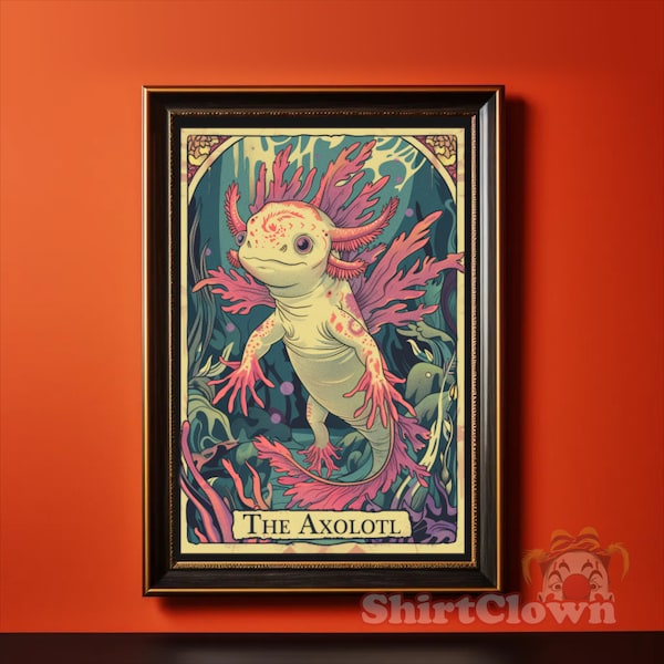 Axolotl Tarot Art Print | Salamander Poster | Nature Tee Wall Art | Amphibian lover Decor| Water dragon design | Cottagecore Style