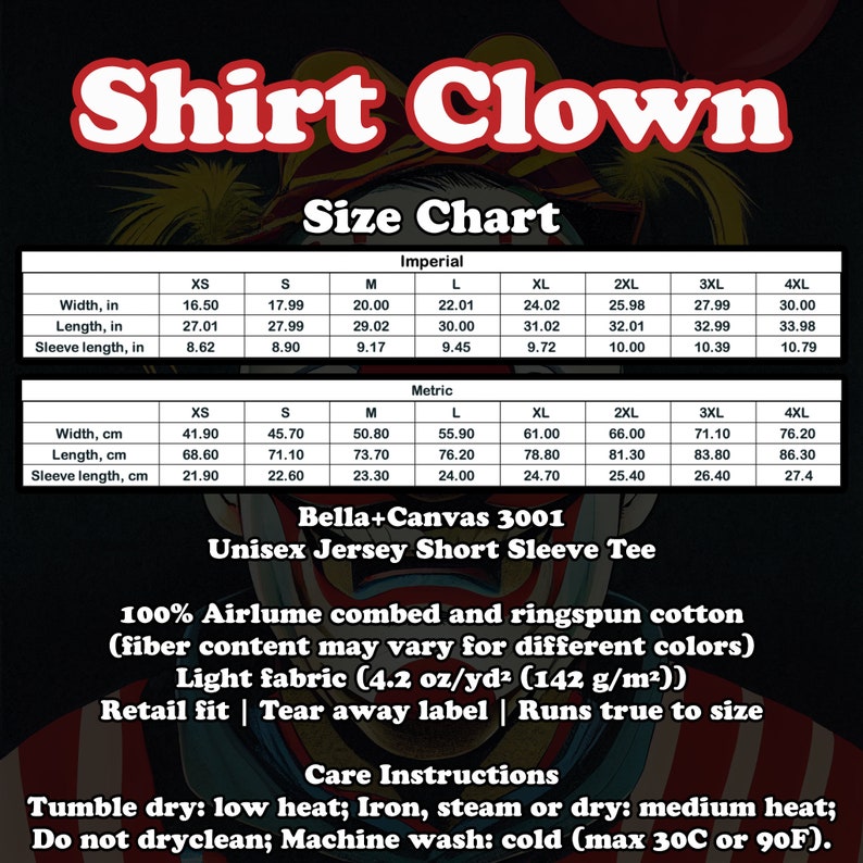 May include: Size chart for a Bella+Canvas 3001 Unisex Jersey Short Sleeve Tee. The chart shows measurements in inches and centimeters for sizes XS to 4XL. The shirt is made of 100% Airlume combed and ringspun cotton, with a light fabric weight of 4.2 oz/yd&sup2; (142 g/m&sup2;). The shirt has a retail fit, a tear-away label, and runs true to size.