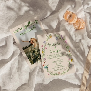 Retro Hand Written Drawn Colorful Floral Wreath Spring Wedding Invitation