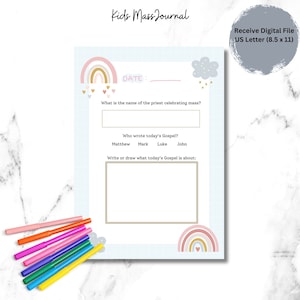 May include: A printable worksheet with a light blue background and rainbow illustrations. The worksheet is titled "Kids Mass Journal" and includes prompts for recording the name of the priest celebrating mass, the author of the Gospel reading, and a space to write or draw about the Gospel.