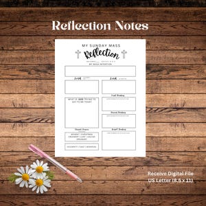 May include: Printable Sunday Mass reflection notes template with a black and white design. The template includes sections for the readings, a space for reflection, and a section for the church season.