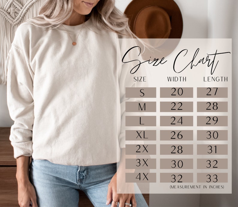 May include: Size chart for a sweatshirt with measurements in inches. The chart shows the width and length of the sweatshirt in sizes S, M, L, XL, 2X, 3X, and 4X.