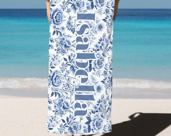 Custom beach towel retro groovy aesthetic, girly beach towel for girls trip, ditsy blue floral towel, custom kids towel, gift for bridesmaid