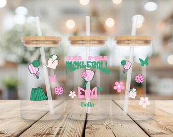 Custom Pickleball iced coffee glass Cup, Pickleball gifts, mug, accessories, Cold Drink Cup Reusable Plastic Straw and Bamboo Lid, gift for