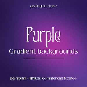 Puede incluir: Fondos de degradado púrpura con una textura granulada. El texto "Purple Gradient backgrounds" está escrito en blanco en la imagen. El texto "personal + limited commercial licence" está escrito en blanco en la parte inferior de la imagen.