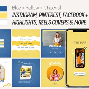 Blue & Yellow Canva Template | Cute, Cheerful Social Media Templates for Instagram, Facebook, Pinterest | Free IG Covers, Reels Templates