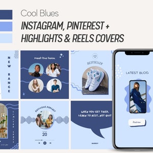 クールなブルーの Instagram テンプレート | Instagram の投稿、Instagram ストーリー、ハイライト、Pinterest ピン用のキュートで遊び心のあるソーシャル メディア テンプレート
