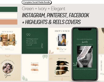 Grün & Elfenbein Instagram Template | Einzigartige Social Media Vorlage, Dunkelgrün mit zarten Strichzeichnungen | Pinterest, Facebook, Highlights Covers
