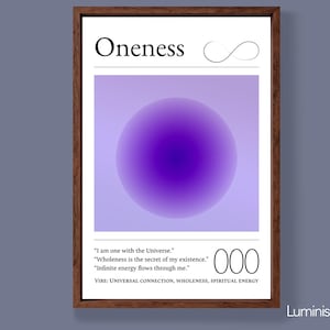 May include: A framed art print with the word "Oneness" at the top, featuring a purple gradient circle on a light purple background. The print includes text about the universe and energy, with the number "000" and the words "Universal Connection, Wholeness, Spiritual Energy".