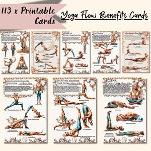 Afdrukbare yogakaarten, bloemenontwerp, 113 flashcards voor yoga, inclusief Sanskriet, hoe te doen, voordelen, spirituele voordelen
