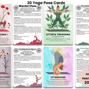 20 Yoga Pose Printable Cards - Flashcards for Yoga - Includes Sanskrit, Doshas, Chakras and Elements, Benefits, Pastel Design Series 1
