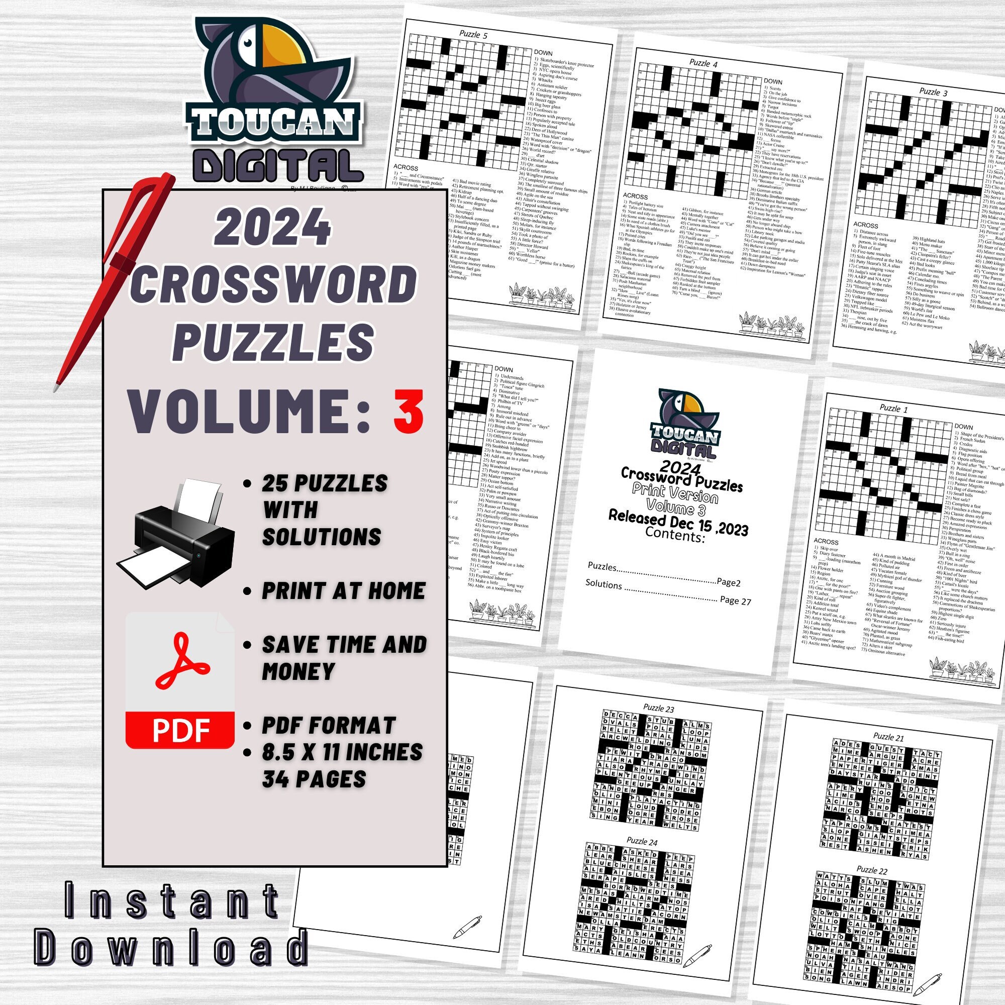 Printable Puzzle Pages Crossword 2024 Vol 3 Etsy
