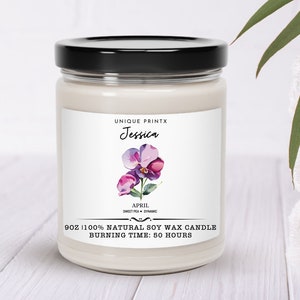 Personalized Birth Flower Month Candle, Birth Flower Candle, Birthday Gift For Her, Christmas Gift, Birthflower Scented Candle, Soy Candle