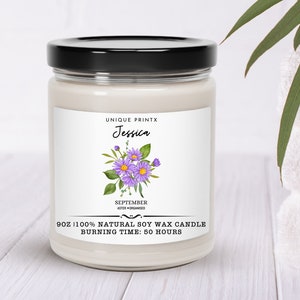 Personalized Birth Flower Month Candle, Birth Flower Candle, Birthday Gift For Her, Christmas Gift, Birthflower Scented Candle, Soy Candle