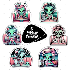 Zestaw naklejek Cute Alien Diner, pakiet zabawnych naklejek Alien Cafe, zestaw naklejek Retro Alien Sitcom, dekoracyjne naklejki Space Alien