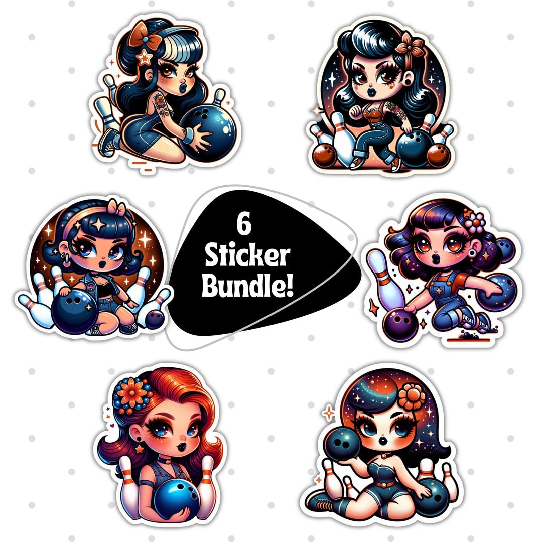 Retro Bowling Girl Stickers, 6 Sticker Bundle, Cute Vintage Bowlers ...
