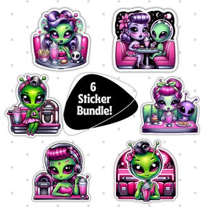 Cute Alien Diner Stickers, Retro Sci-Fi Sticker Set, Cartoon Alien Characters, Fun Vinyl Stickers, 6 Piece Bundle, Space Diner Decal