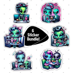Retro Sci-Fi Alien Diner Stickers Bundle, Cute Alien Characters With Milkshake and Burger, 6 Piece Sticker Pack, Kawaii Alien Decor