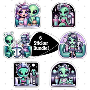 Zestaw naklejek Alien Retro Diner, 6 sztuk, urocze naklejki winylowe Alien, zabawna sztuka Alien, aplikacja Retro Alien, wyjątkowy prezent Alien