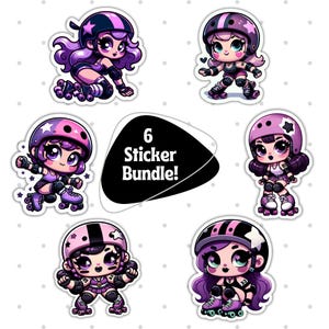 Cute Roller Skater Girl Stickers, Adorable Chibi Sticker Pack, Cartoon Pink and Purple Skater Stickers, 6 Piece Sticker Set