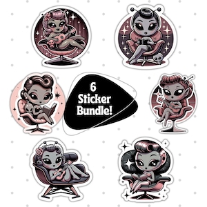 Retro Pin-Up Alien Girls Sticker Bundle, Vintage Style Decal Set, Cute Alien Characters, Sci-Fi Themed Stickers, Collectible Set
