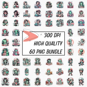 Retro Alien Girl PNG Sticker Bundle, 60 Kawaii Clipart Designs, Digital Download for POD, Cricut Crafts, Commercial Use, Sci-Fi Aesthetic